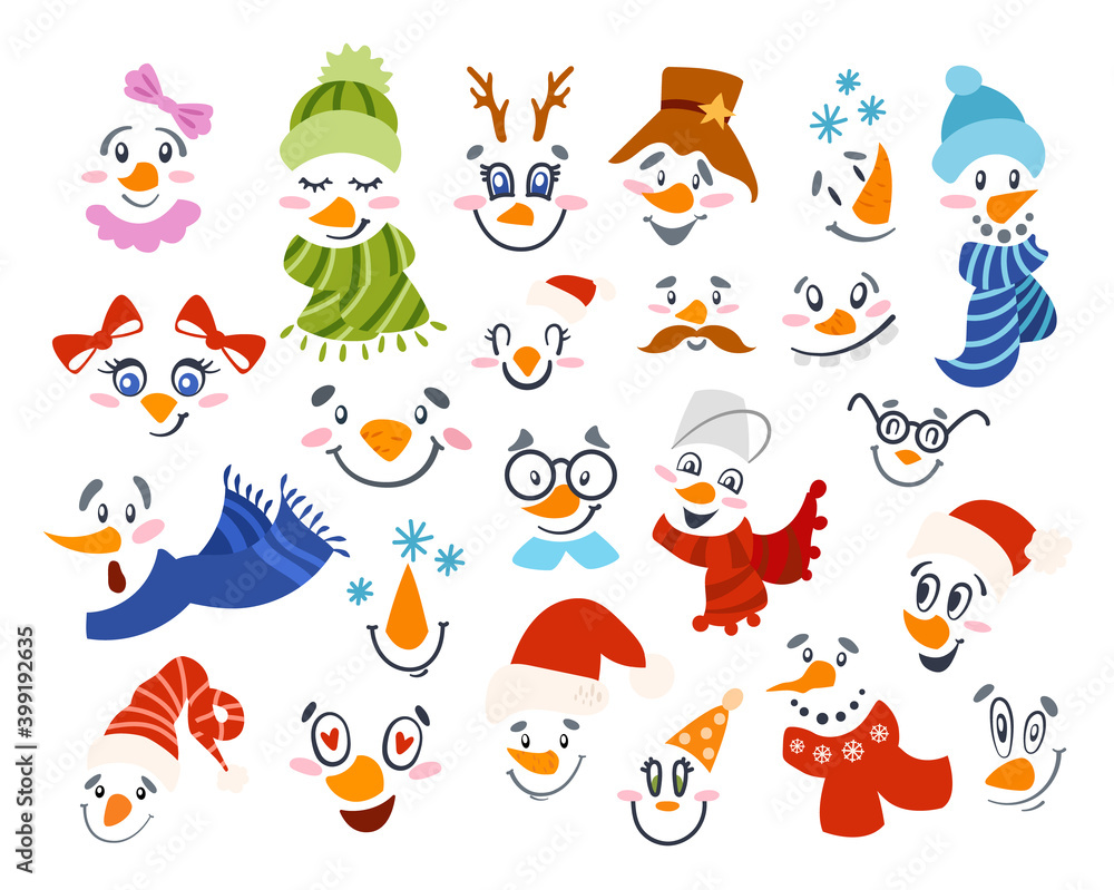Christmas Snowman face clipart - cute boys and girls faces with hat, scarf, smoke pipe, tie, and glasses, cartoon winter characters isolated on white background, vector illustration for kids