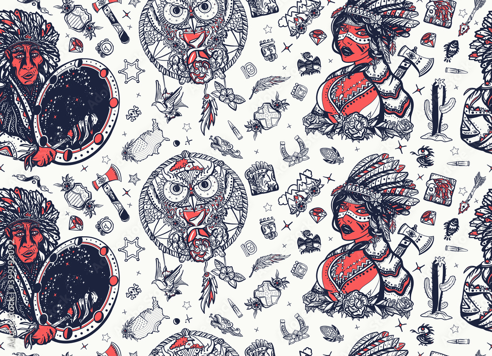 Naklejka premium Native American Indian old school tattoo style. Seamless pattern. Tribal culture and history. Traditional tattooing. Ethnic warrior girl, shamanic female, dream catcher, owl and old cherokee shaman