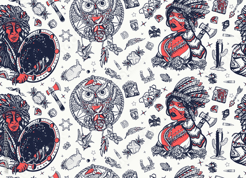Native American Indian old school tattoo style. Seamless pattern. Tribal culture and history. Traditional tattooing. Ethnic warrior girl, shamanic female, dream catcher, owl and old cherokee shaman