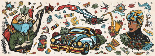 Cuba old school tattoo vector collection. Havana retro cars. Revolutionary communist, map, beautiful cuban woman, cigar, rum. History and culture, island of freedom. Traditional tattooing style
