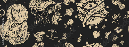 Coronavirus vintage seamless pattern. Plague doctor, COVID-19 (SARS-CoV-2), Virgin Mary mourns the death of world, all seeing eye. Stay home background. Old school tattoo. Stop epidemic art