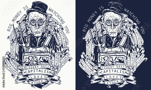 New Great depression. Poor millionaire banker. Bankrupt. Crash of stock exchange. Old hungry rich man search job. World financial crisis. American gothic style. One color vector illustration
