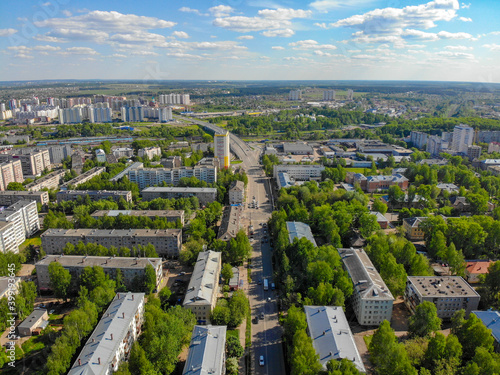 Aerial view of Popova street and overpass to Chistye Prudy district (Kirov, Russia)