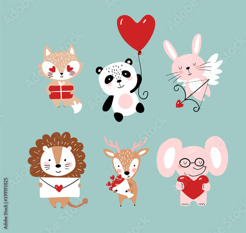 Fototapeta Naklejka Na Ścianę i Meble -  Set of cute animals for Valentine s Day. Elephant, panda, bunny with a heart. Romantic illustration, flat cartoon style