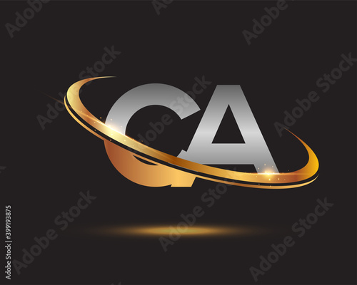 initial letter CA logotype company name colored gold and silver swoosh design. isolated on black background.