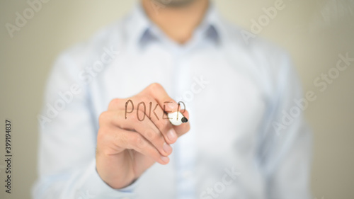 Poker , man writing on transparent screen