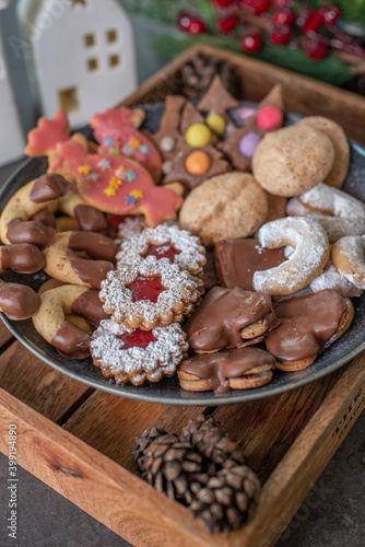 Traditional home made German Christmas Cookies on a festive table
