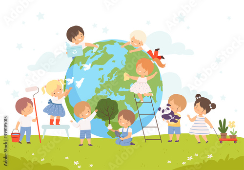 Kids Help Save the World, Children Volunteers Cleaning up Wastes and Plant Trees on the Earth, Nature and Ecology Protection Concept Cartoon Style Vector Illustration