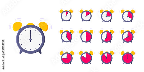 Minutes countdown on analog clock face flat style design vector illustration icon sign set isolated on white background. Analogue wall clock minutes time management business concept.