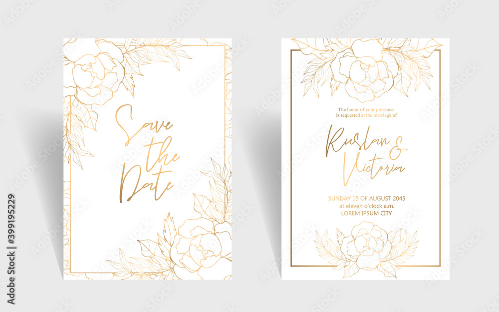 Wedding invitation template with golden decorative flowers and leaves