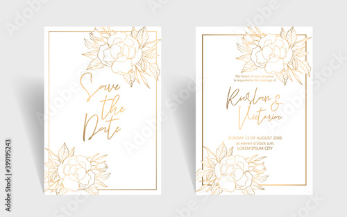 Wedding invitation template with golden decorative flowers and leaves