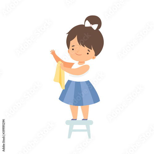 Cute Girl Standing on Chair with Rag Helping to Clean, Nature and Ecology Protection Concept Cartoon Style Vector Illustration