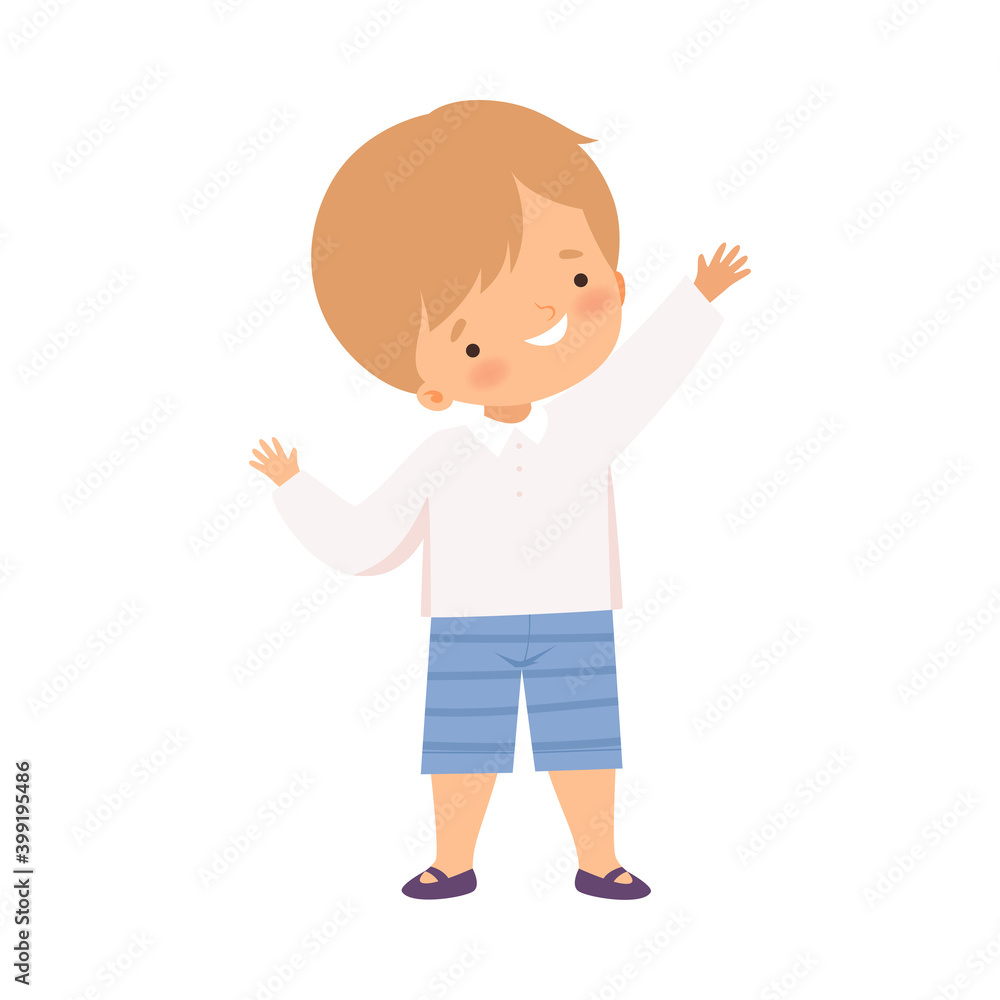 Cute Little Happy Boy Waving His Hand Cartoon Style Vector Illustration Cute Little Happy Boy Waving His Hand Cartoon Style Vector Illustration