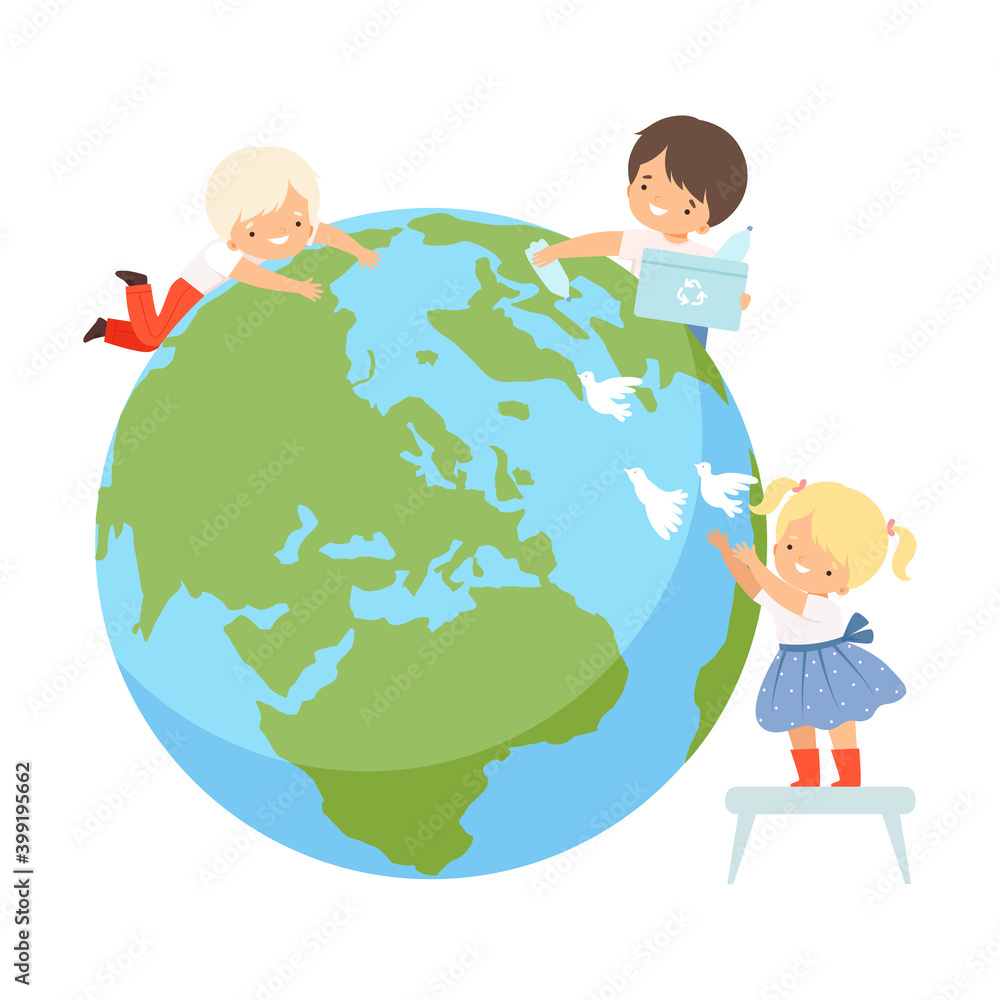 Kids Helping Save the World, Children Cleaning up Wastes on the Earth, Nature and Ecology Protection Concept Cartoon Style Vector Illustration Kids Helping Save the World, Children Cleaning up Wastes on the Earth, Nature and Ecology Protection Concept Cartoon Style Vector Illustration