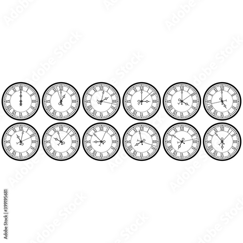 Clock with roman numerals. A collection of dials showing twelve hours and about one hour, two, three, four, five, six, seven, eight, nine, ten, eleven hours. Vector illustration.