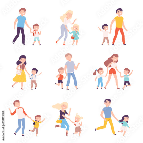 Parents Accompanying Their Children to School or Kindergarten Set, Parents and Kids Walking Together Holding Hands Cartoon Style Vector Illustration