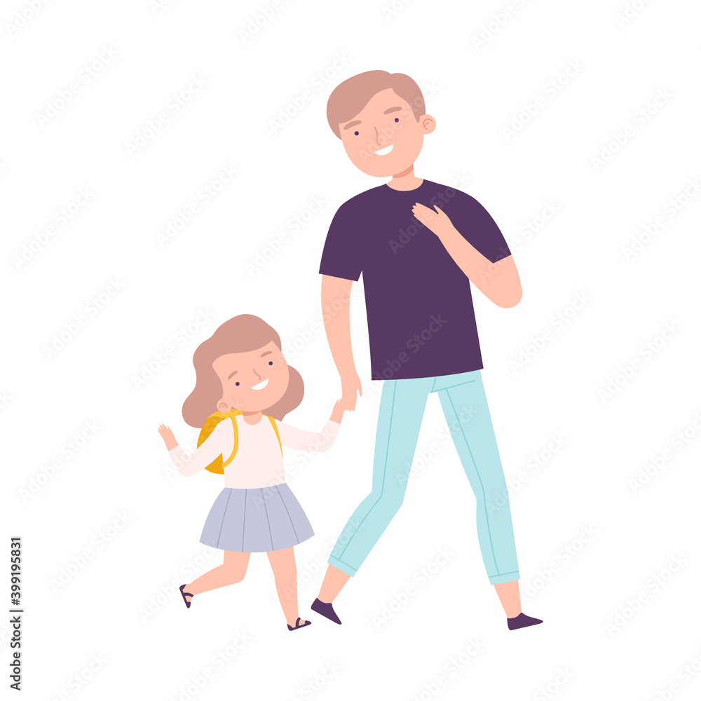 Dad Taking his Daughter to School or Kindergarten in Morning, Happy Father Accompanying Kid to Lessons Cartoon Style Vector Illustration Dad Taking his Daughter to School or Kindergarten in Morning, Happy Father Accompanying Kid to Lessons Cartoon Style Vector Illustration