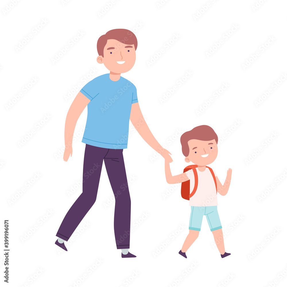 Dad Taking his Son to the School or Kindergarten, Parent and Kid Walking Together in Morning Cartoon Style Vector Illustration