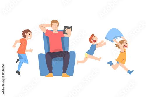 Calm Parent and Mischievous Children Running around him, Dad Reading Book among Running Naughty Kids Cartoon Style Vector Illustration