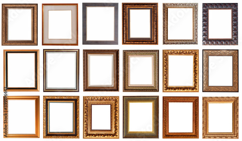 Frames baguettes gold silver set isolated on white background pattern.