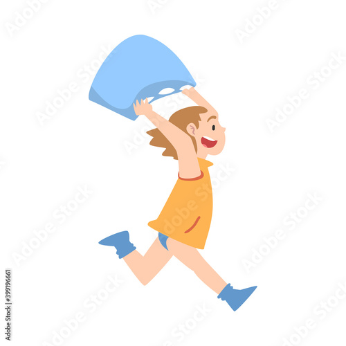 Happy Naughty Little Girl Running with Pillow Cartoon Style Vector Illustration