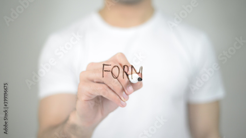 Form, man writing on transparent screen
