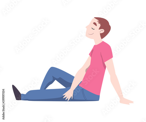 Young Man Sitting on Floor and Resting, Relaxed Person Character Cartoon Style Vector Illustration