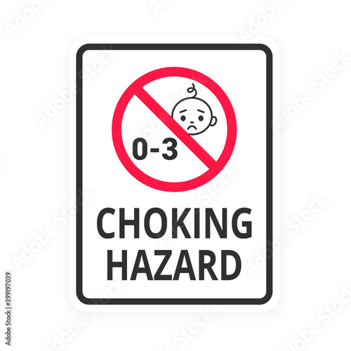 Choking hazard forbidden sign sticker not suitable for children under 3 years isolated on white background vector illustration. Warning triangle, sharp edges and small parts danger circle prohibition.
