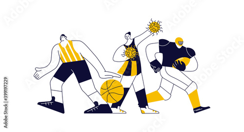 Sports concept with athletes in yellow on white. Different male and female sportsmen isolated. Flat Art Vector Illustration