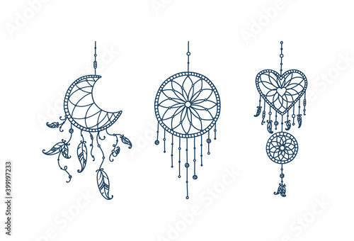 Boho dreamcatchers with feathers and arrow. Doodle set of dreamcatchers in shape of crescent moon, heart and circle. Vector illustration in doodle style