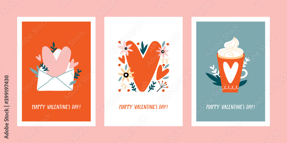 Set of Valentine's day greeting cards with hand drawn decorative elements. Set of Valentine's day greeting cards with hand drawn decorative elements.
