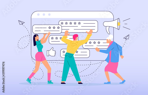 Tiny people with comment giving their choice for feedback vector concept. Customer review and satisfaction rating metaphor illustration