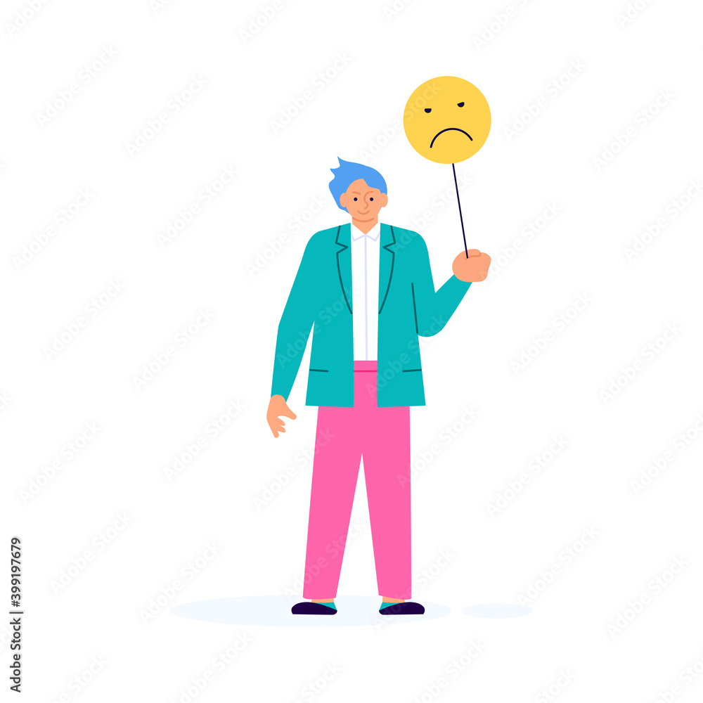 Man with bad emoticon sign giving his choice for feedback vector concept. Customer review and satisfaction rating metaphor illustration Man with bad emoticon sign giving his choice for feedback vector concept. Customer review and satisfaction rating metaphor illustration