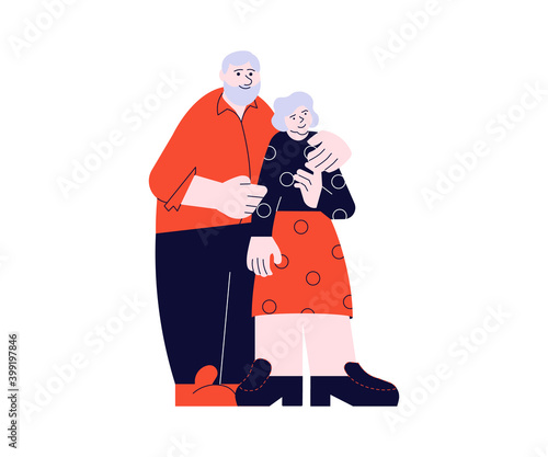 Elderly couple people standing together vector illustration. Senior hugs his wife shoulders portrait