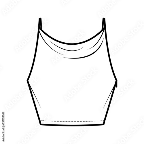 Tank high cowl Crop Camisole technical fashion illustration with thin adjustable straps, slim fit, waist length. Flat outwear top template front, white color. Women men unisex CAD mockup