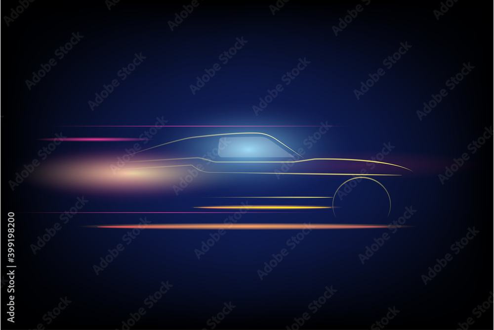 Side view neon glowing of sport car for logo, banner or marketing advertising design. Abstract modern styled vector illustration.