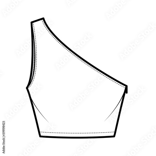 One-shoulder crop top tank technical fashion illustration with fitted slim body, waist length. Flat outwear shirt apparel template front, white color. Women, men unisex CAD mockup