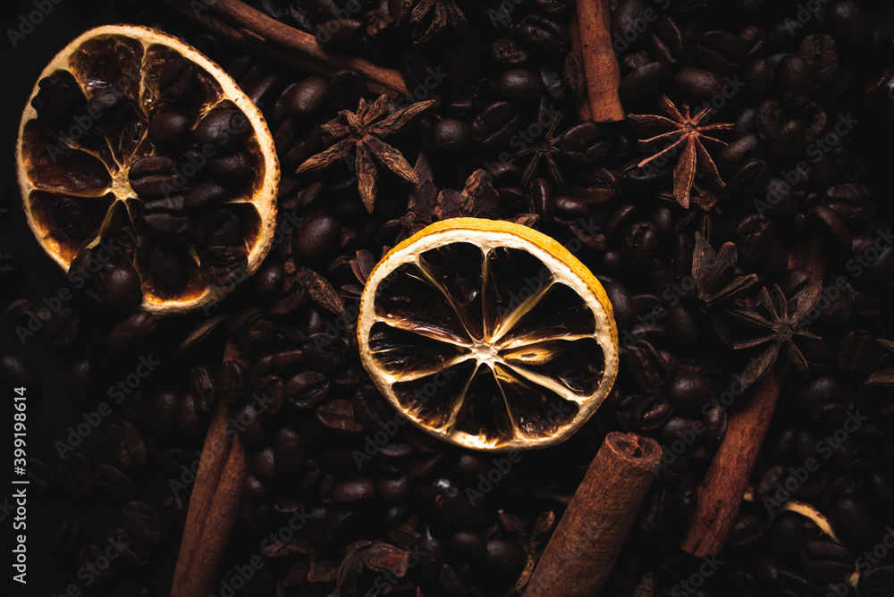 Coffe background with dried oranges and cinnamon - obrazy, fototapety, plakaty 