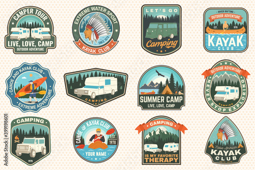 Set of summer camp, canoe and kayak club badges. Vector. For patch. Design with camping, mountain, river, american indian and kayaker silhouette. Extreme camp and water sport kayak patches