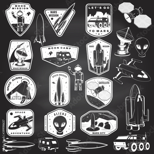 Set of space mission logo, badge, patch. Vector. Concept for shirt, print, stamp. Vintage typography design with space rocket, alien, mars city, camper van on the moon and earth silhouette