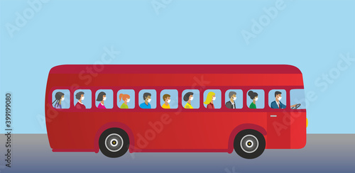 Red bus with variation among people, who all are wearing mouthguards. Vector illustration. EPS10.