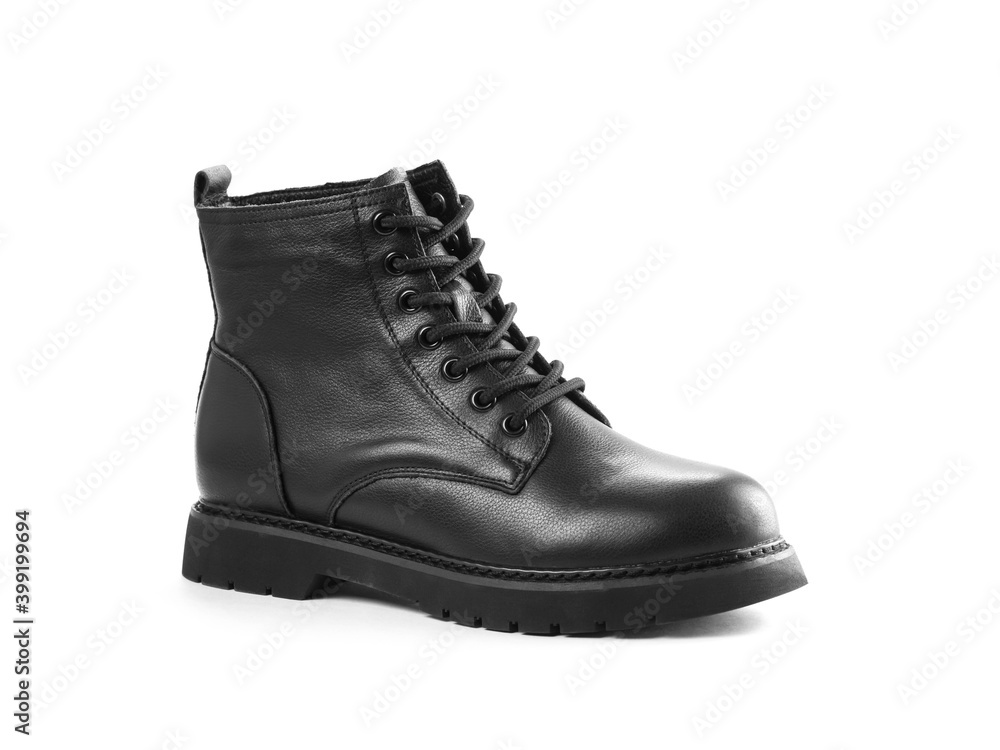 Black leather boots with laces. Close up. Isolated on a white background Black leather boots with laces. Close up. Isolated on a white background