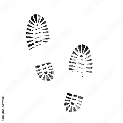 Muddy bootprints. Isolated on white background. Close up