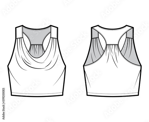 Tank racerback cowl crop top technical fashion illustration with ruching, oversized, waist length. Flat apparel outwear shirt template front, back, white color. Women, men unisex CAD mockup