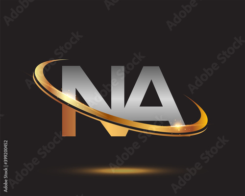 initial letter NA logotype company name colored gold and silver swoosh design. isolated on black background.