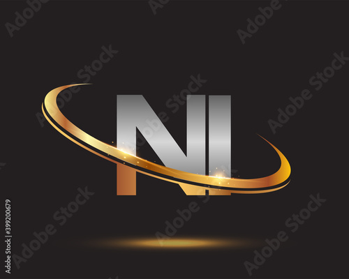initial letter NI logotype company name colored gold and silver swoosh design. isolated on black background.