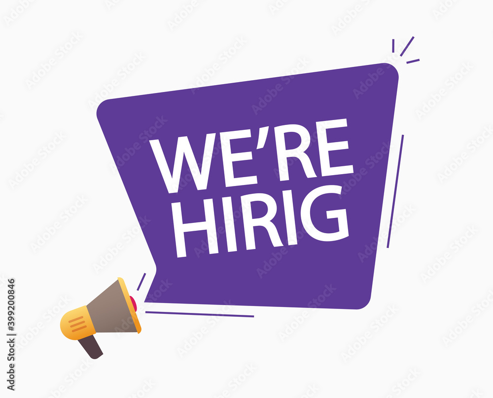 We are hiring banner icon vector concept flat cartoon, megaphone with loud bubble speech and hire vacancy text, opportunity for job announcement idea