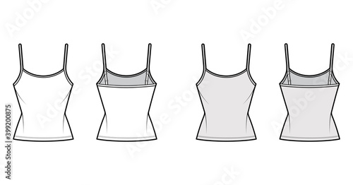 Camisole scoop neck cotton-jersey top technical fashion illustration with thin adjustable straps, slim fit, tunic length. Flat outwear tank template front, back, white grey color. Women men CAD mockup
