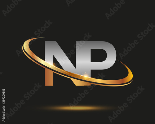 initial letter NP logotype company name colored gold and silver swoosh design. isolated on black background.