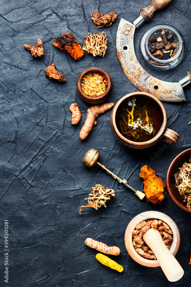Tea and a set of medicinal herbs Tea and a set of medicinal herbs